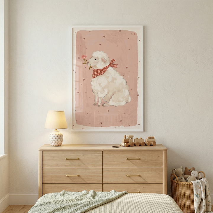 A cozy, sunlit nursery interior featuring a framed whimsical illustration of a fluffy white sheep on an off-white wall. The illustration shows a gentle sheep wearing a red-and-white checkered neckerchief and holding a small pink flower in its mouth, set against a muted pink background with tiny scattered stars. Below the frame is a light-colored wooden dresser with six drawers and gold hardware.