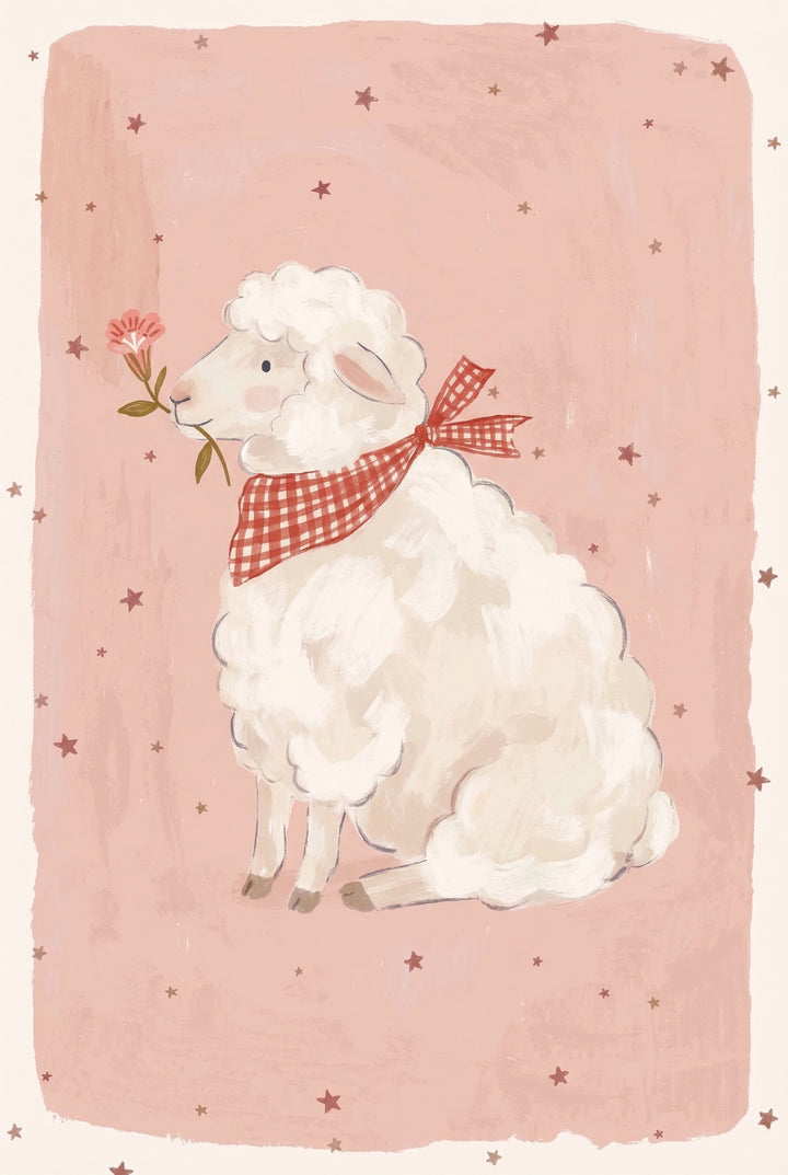  Fluffy white sheep sitting in profile against a soft pink background dotted with tiny stars. It wears a red gingham bandana and holds a small pink flower in its mouth.

