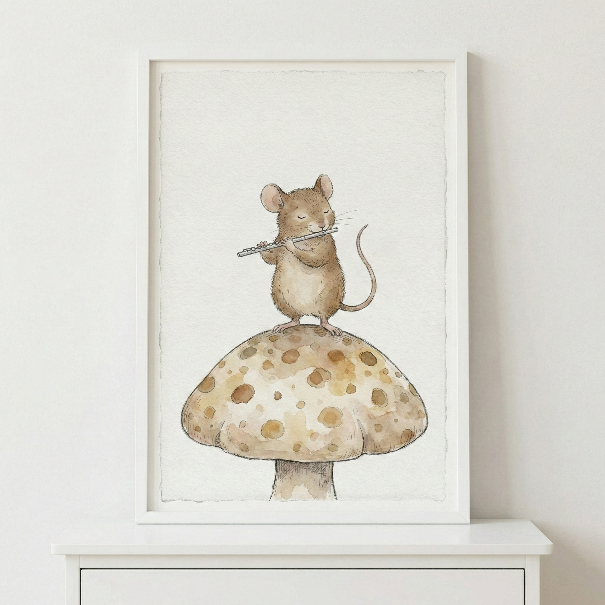 A framed watercolor illustration features a whimsical brown mouse standing atop a large, spotted mushroom. The mouse is depicted with its eyes closed, peacefully playing a small silver-colored flute. The artwork uses a soft palette of beige and brown tones on a textured background. The piece is housed in a minimalist white frame and is displayed on a white shelf against a neutral-colored wall.