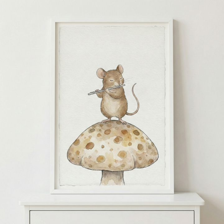 A framed watercolor illustration features a whimsical brown mouse standing atop a large, spotted mushroom. The mouse is depicted with its eyes closed, peacefully playing a small silver-colored flute. The artwork uses a soft palette of beige and brown tones on a textured background. The piece is housed in a minimalist white frame and is displayed on a white shelf against a neutral-colored wall.