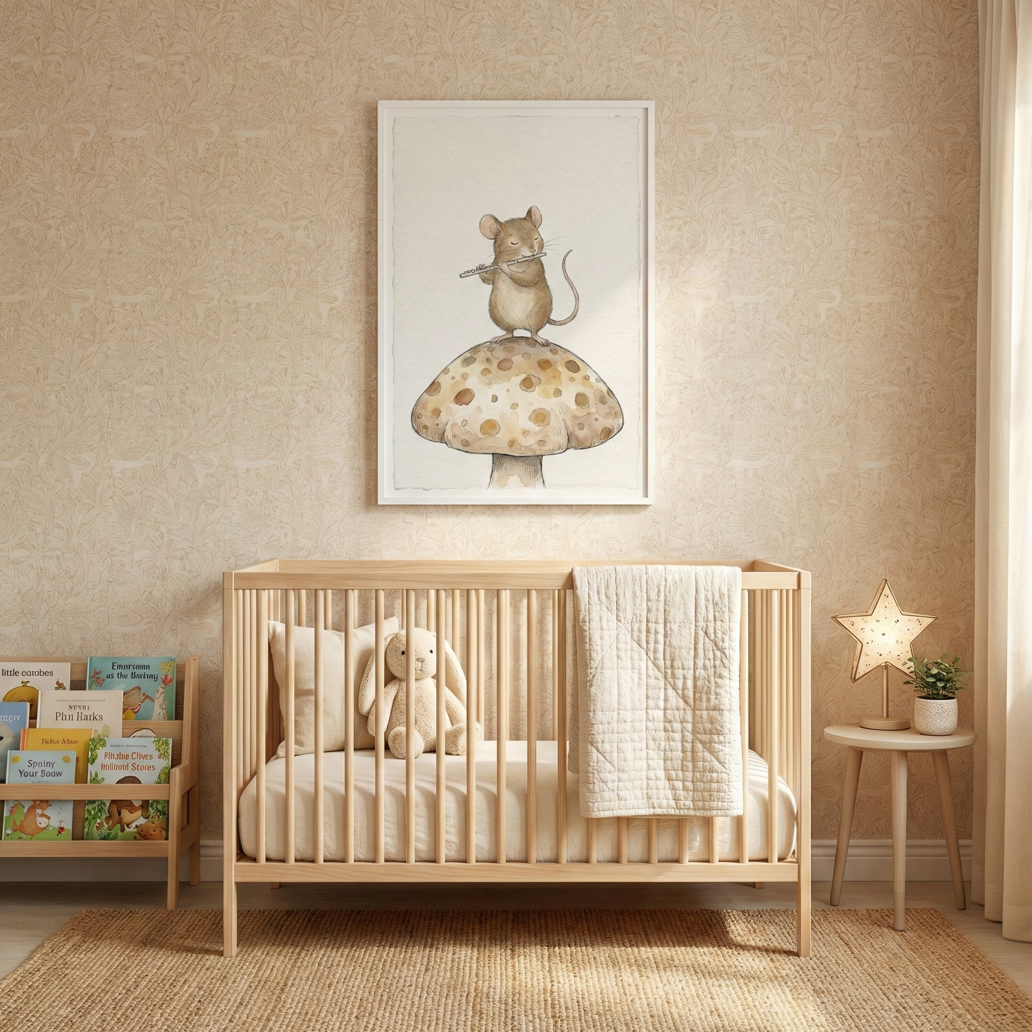 A cozy nursery features a light wooden crib with a plush bunny and a quilt draped over the side. Above the crib, a charming illustration of a mouse on a mushroom hangs on the wall. A small round table holds a star-shaped lamp and a plant, while a rack of children's books sits nearby.
