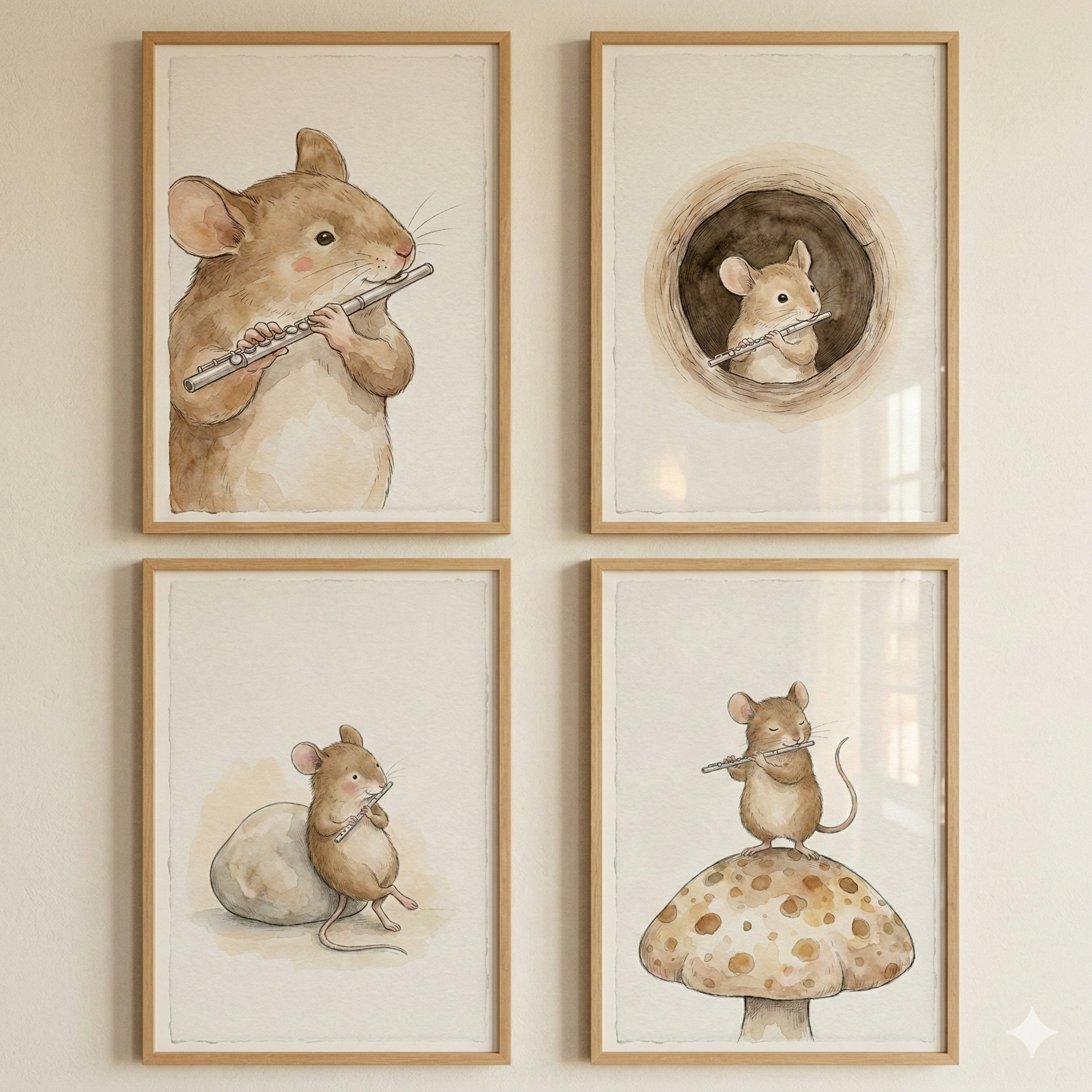 Flute Mouse Print Set of 4 - Musical Mouse Melodies