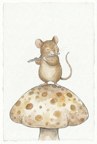 A whimsical watercolor-style illustration features a small, brown mouse standing on a large, spotted mushroom. The mouse, with its eyes peacefully closed, plays a silver flute. Its long tail curves gently behind it. The mushroom has a light cream base with various shades of brown spots. The background consists of plain, textured off-white paper, creating a clean and gentle aesthetic.