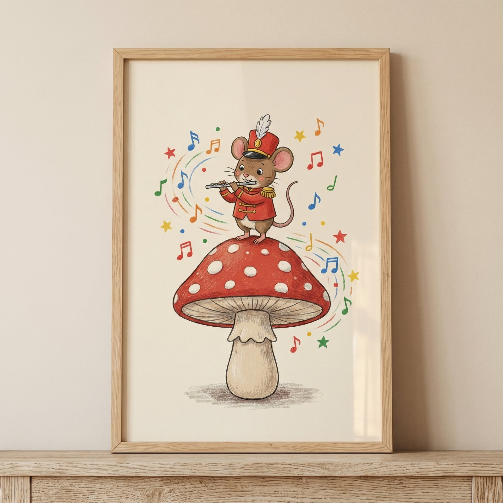 Flute playing mushroom mouse wall art shows a mouse in a red uniform on a mushroom with swirling music notes and stars.