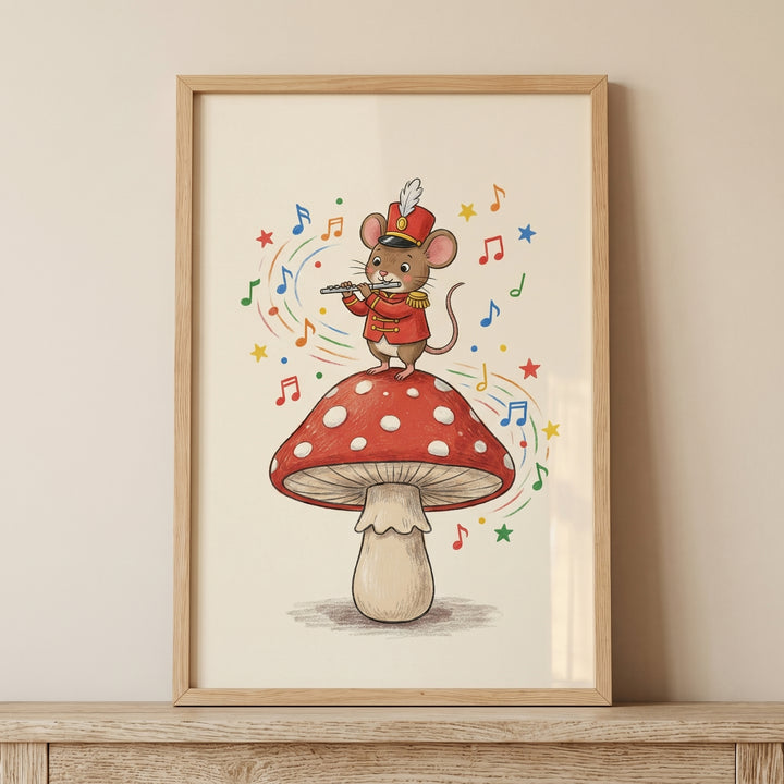 Flute playing mushroom mouse wall art shows a mouse in a red uniform on a mushroom with swirling music notes and stars.