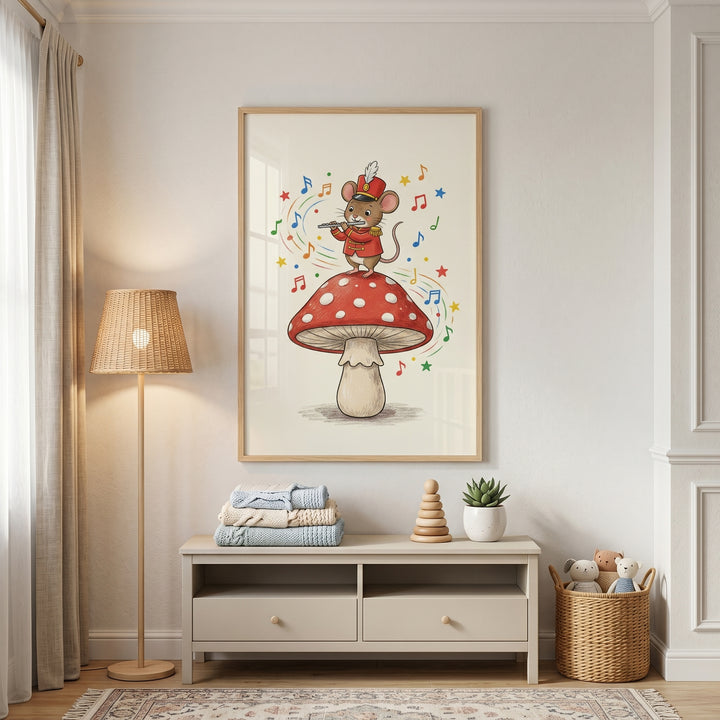 Flute playing mushroom mouse wall art hangs in a nursery with a cartoon soldier mouse on a red mushroom.