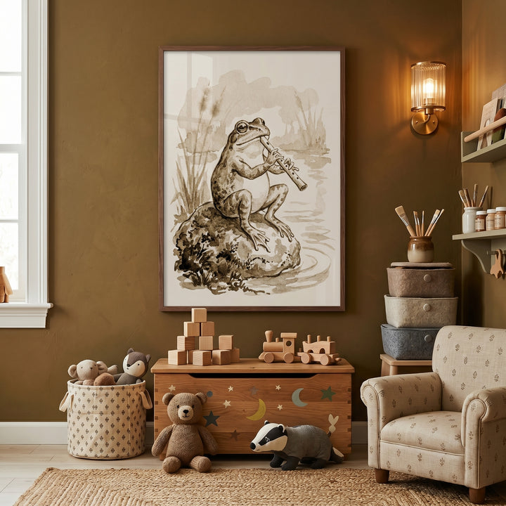 Flute playing pond frog wall art hangs above a wooden toy chest and plush animals in a warm, earth-toned children's room.