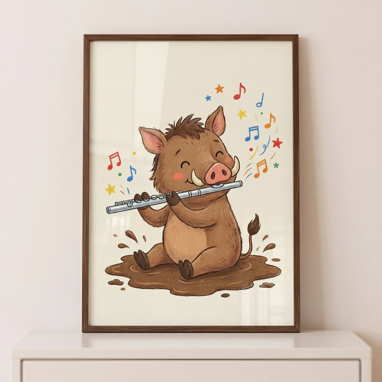 Framed flute playing wild boar wall art shows a cute cartoon animal in a mud puddle with colorful stars and music notes.