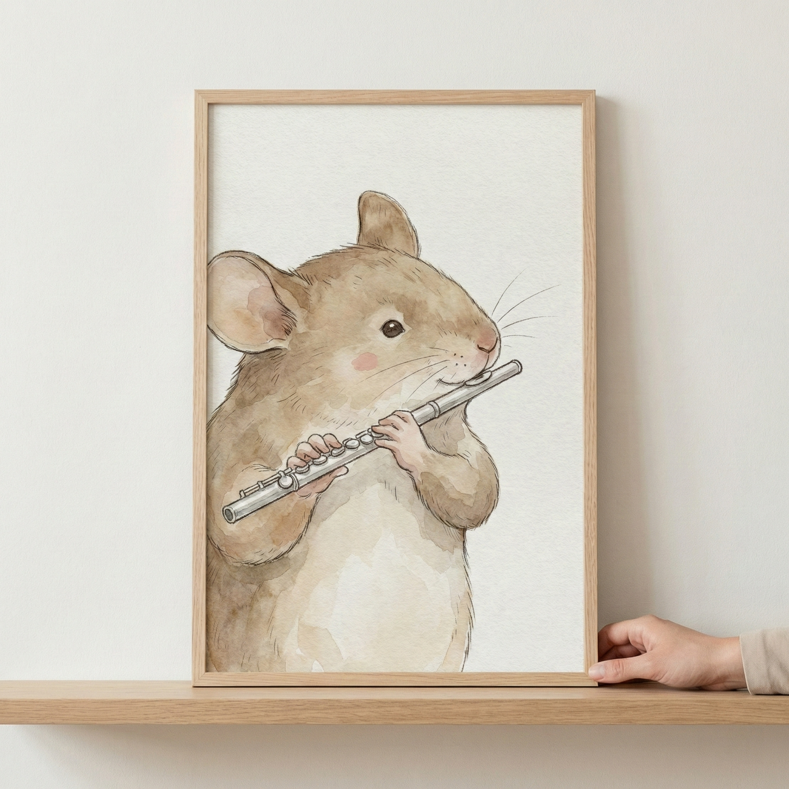 A watercolor illustration of a charming light brown mouse standing upright while playing a silver flute. The mouse has large round ears, soft pink cheeks, and fine whiskers, holding the instrument delicately with its paws. The artwork is presented in a light-colored wooden frame, resting on a wooden shelf against a plain white wall. A person’s hand is visible on the right, touching the edge of the frame.