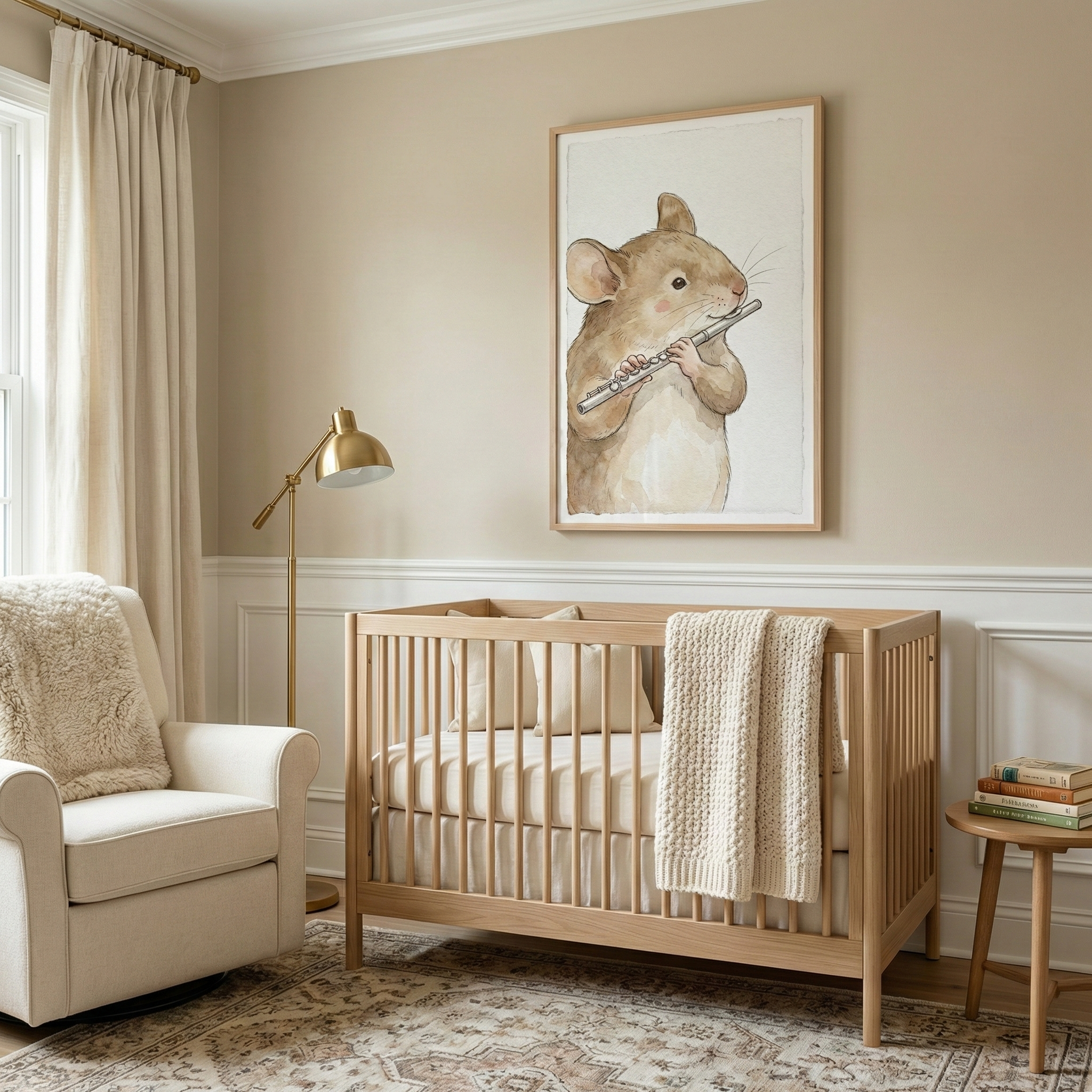A cozy nursery features a wooden crib with a knitted blanket draped over the side, next to a beige armchair with a plush throw. A small wooden side table holds a stack of books, and a gold floor lamp adds warmth. A large framed painting of a mouse playing a flute decorates the wall, complementing the neutral color palette.