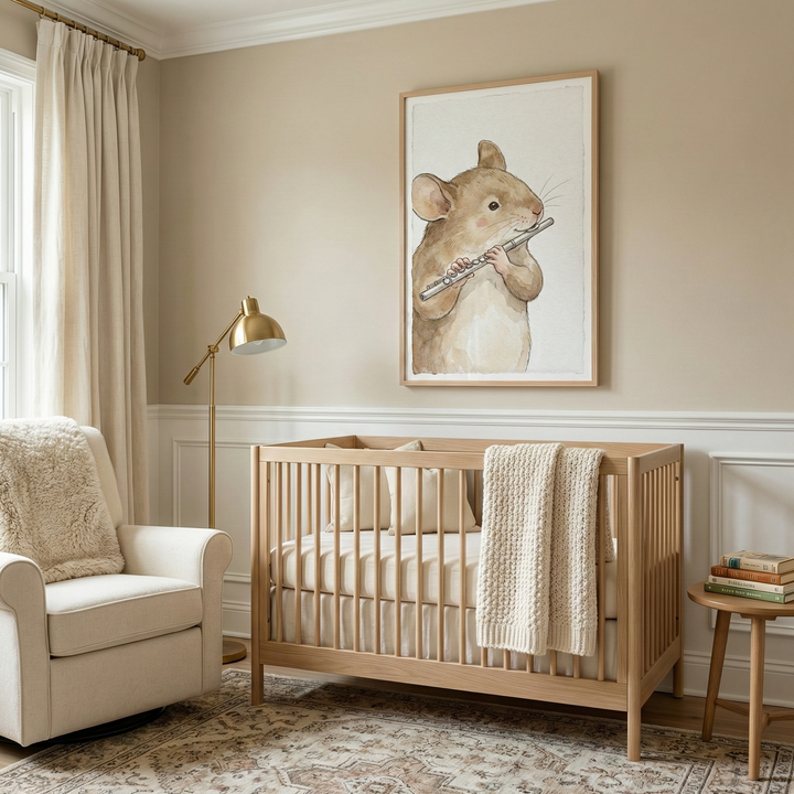 A cozy nursery features a wooden crib with a knitted blanket draped over the side, next to a beige armchair with a plush throw. A small wooden side table holds a stack of books, and a gold floor lamp adds warmth. A large framed painting of a mouse playing a flute decorates the wall, complementing the neutral color palette.