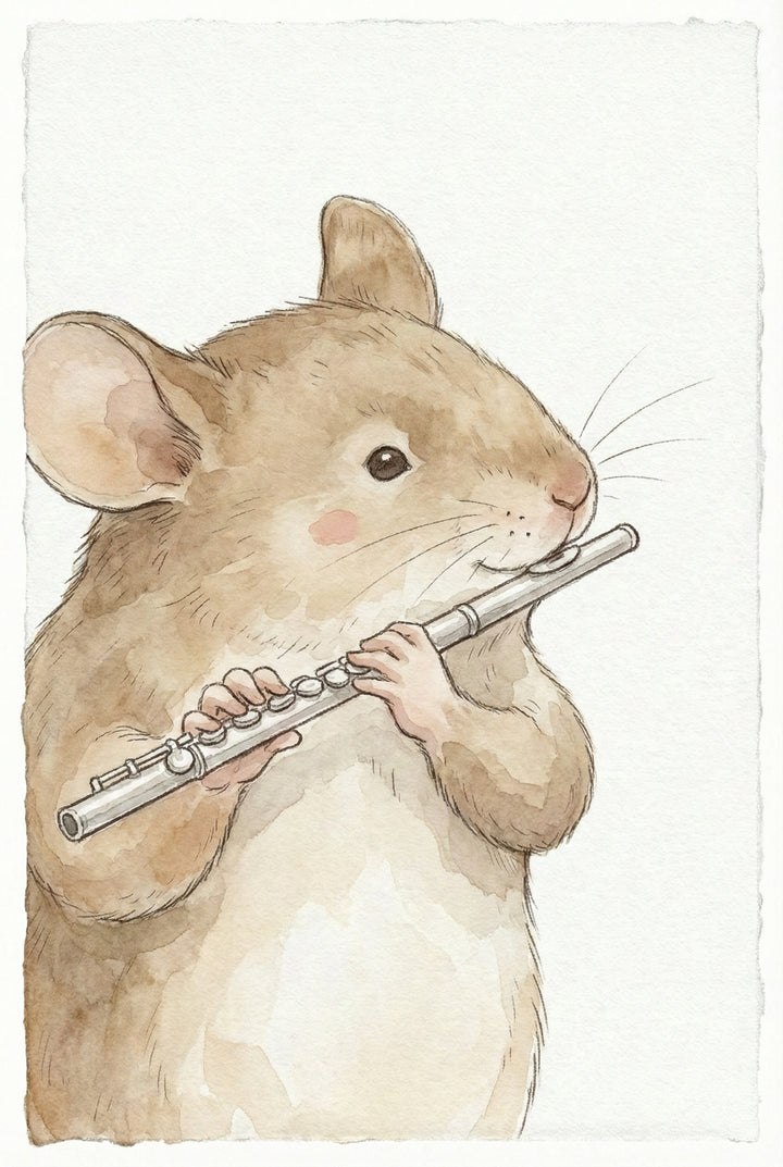 A charming watercolor illustration of a mouse playing a silver flute, holding it delicately with its tiny paws. The mouse has soft brown fur and a gentle expression, set against a plain white background.
