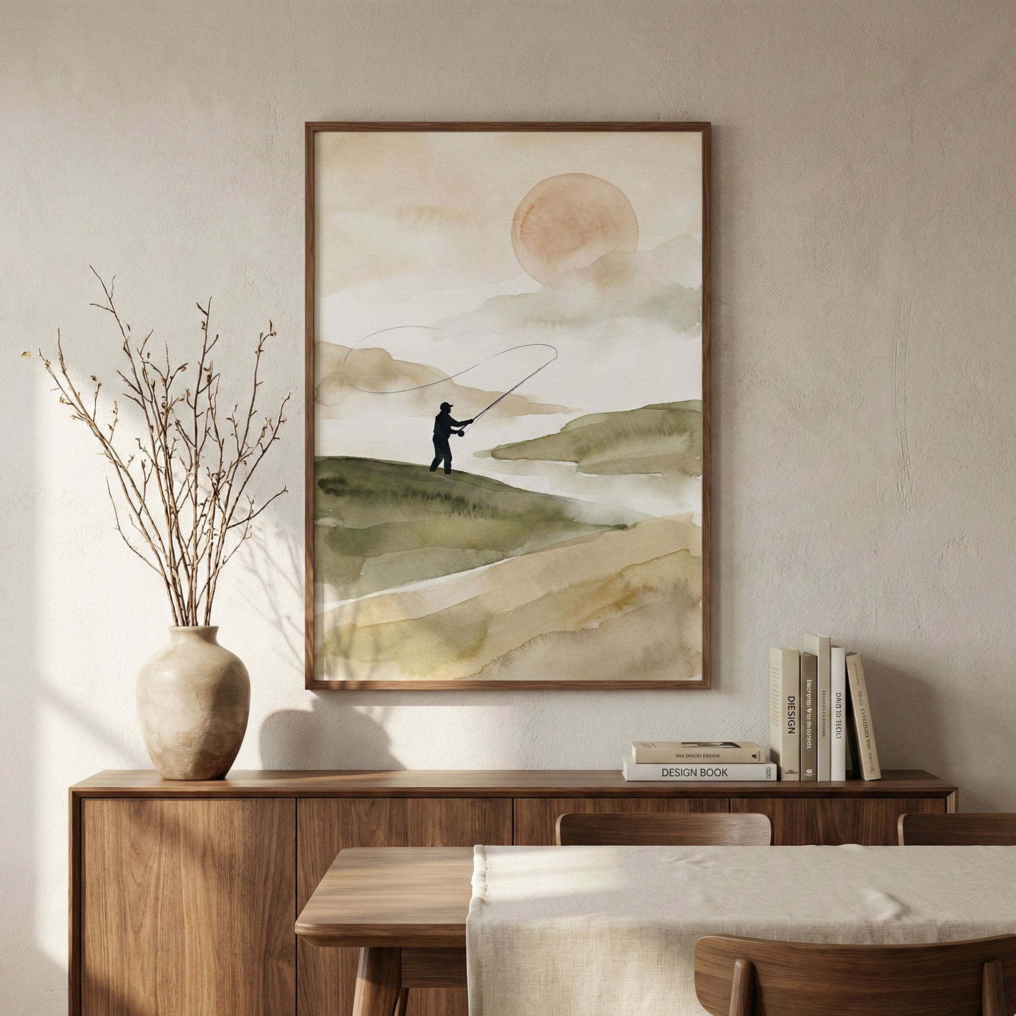 Framed artwork of a person fly fishing in a peaceful, misty landscape, featuring gentle green slopes and a warm-toned sun, displayed in a serene, modern dining space.