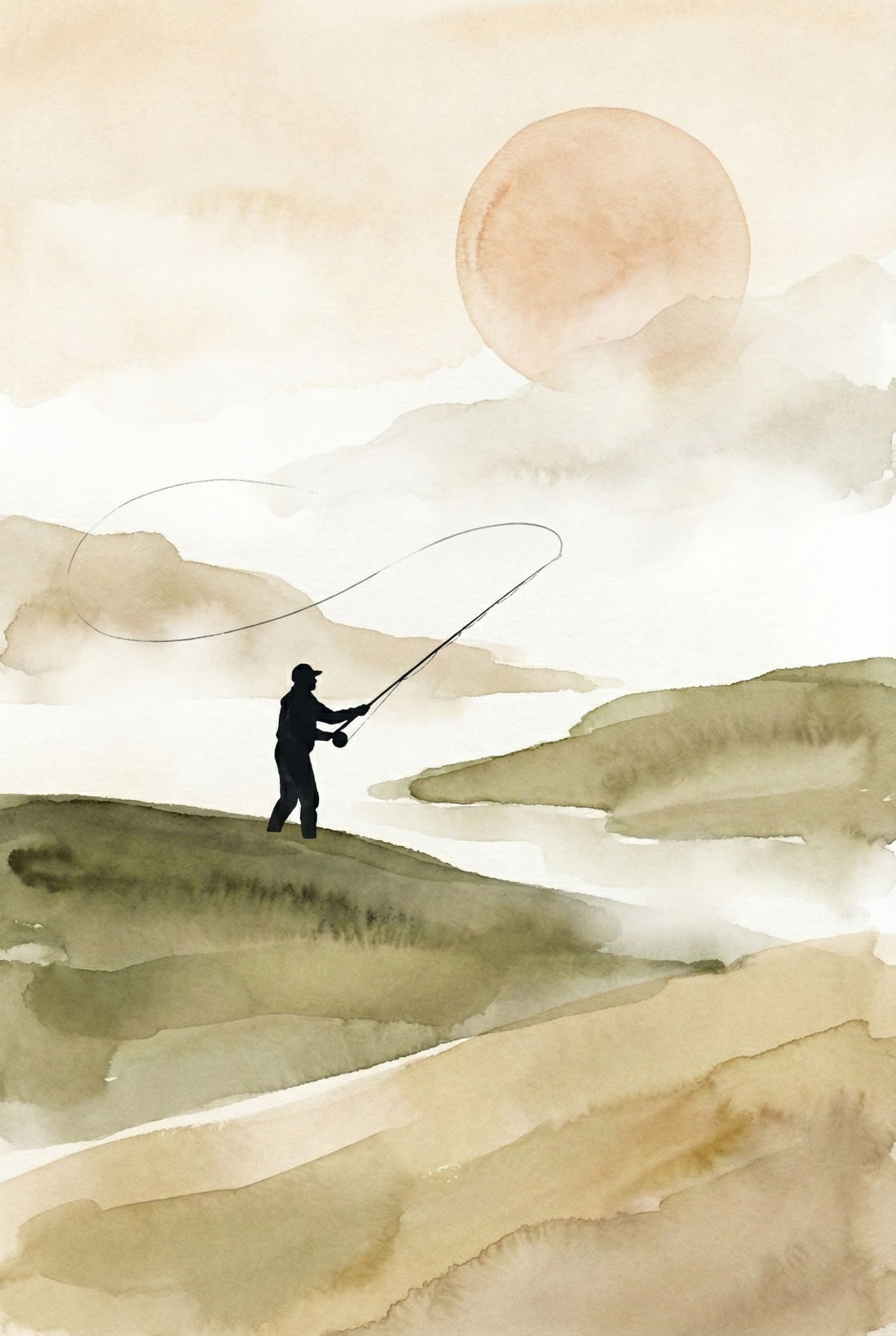 Watercolor painting of an angler fly fishing near a winding river, surrounded by soft green hills and misty light. A warm, hazy sun rises or sets behind layered clouds, adding a serene atmosphere to the peaceful landscape.
