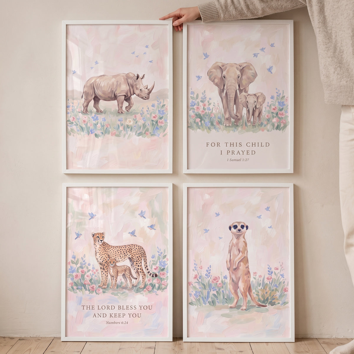 Flying bluebird savanna animals wall art set of 4 with rhino, elephant, cheetah, and meerkat prints and scripture.