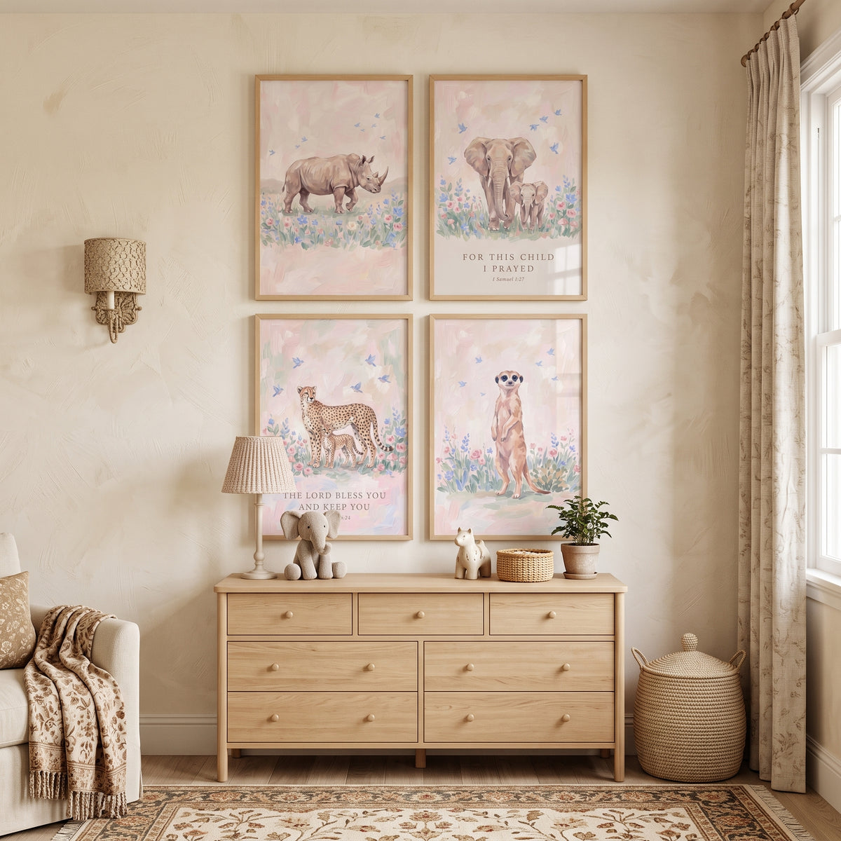 Flying Bluebird Savanna Animals Wall Art Set Of 4 - Sacred Safari Nursery