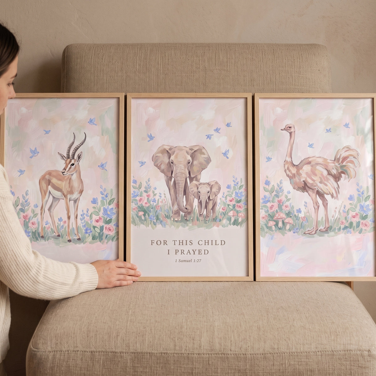 Flying Songbird Safari Animals Wall Art Set Of 3 - Prayerful Savannah Trio