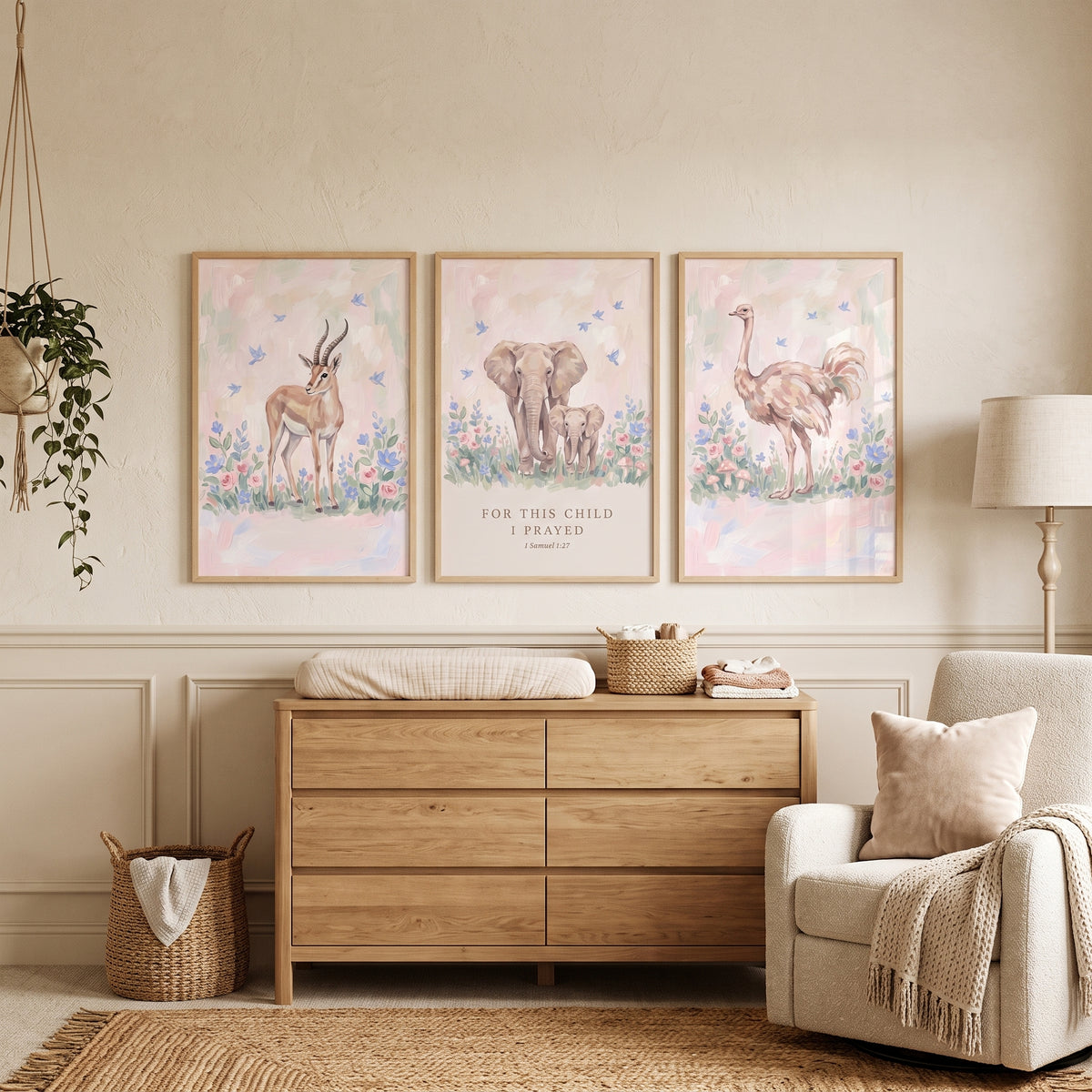 Flying Songbird Safari Animals Wall Art Set Of 3 - Prayerful Savannah Trio