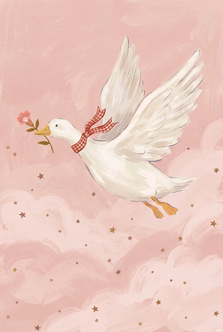 White duck flying through fluffy pink clouds with its wings spread wide and a red gingham scarf tied around its neck. A small pink flower sits in its beak against a pale pink sky dotted with tiny stars.

