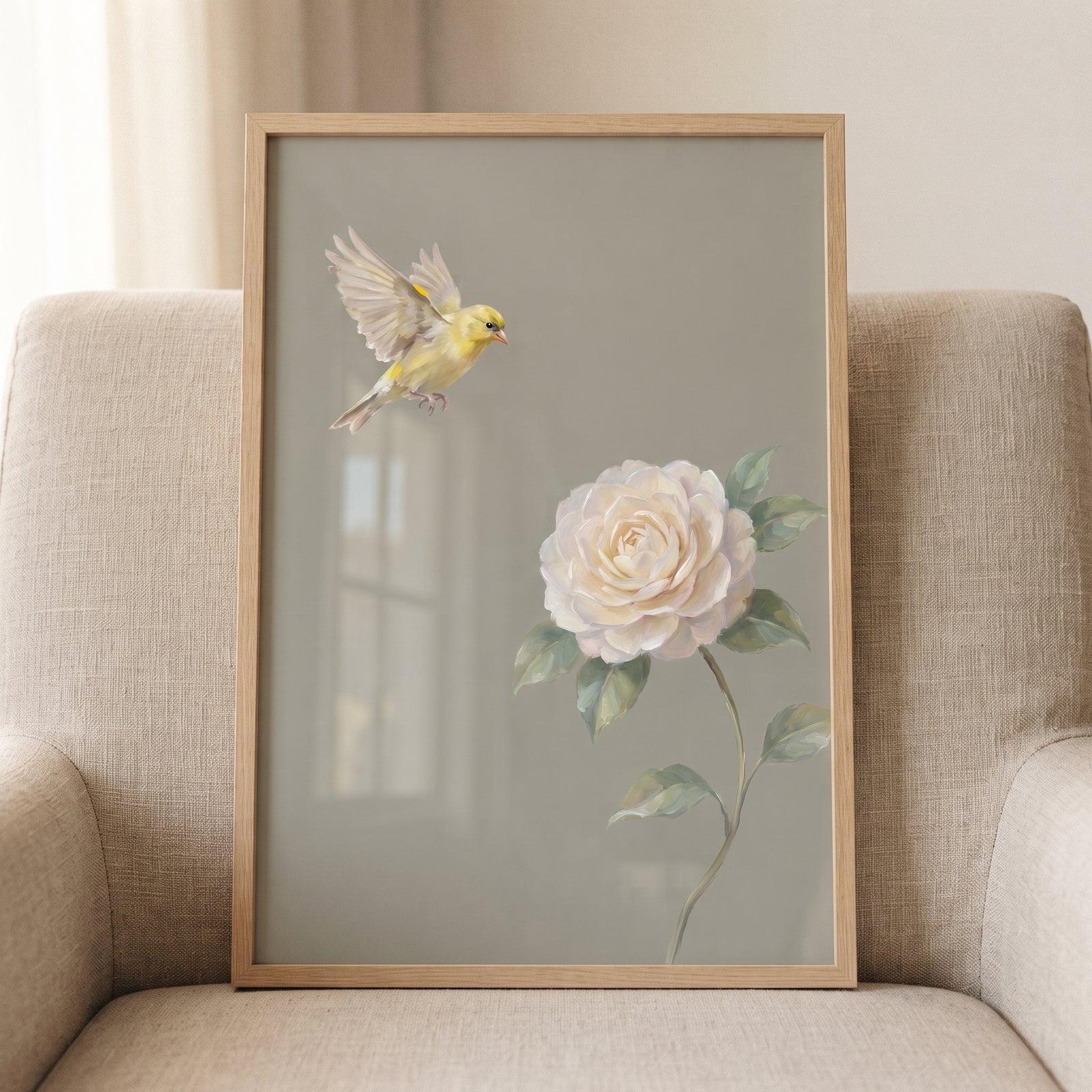 Flying vintage yellow bird floral wall art features a yellow bird and white rose against a muted grey background.