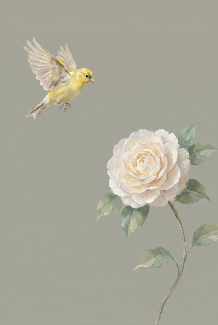 A yellow bird glides toward a white rose blossom in this flying vintage yellow bird floral wall art.