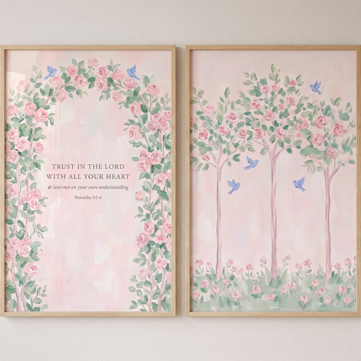 Flying watercolor blue bird wall art set of 2 with pink roses, slender trees, and Proverbs 3:5-6 scripture text.