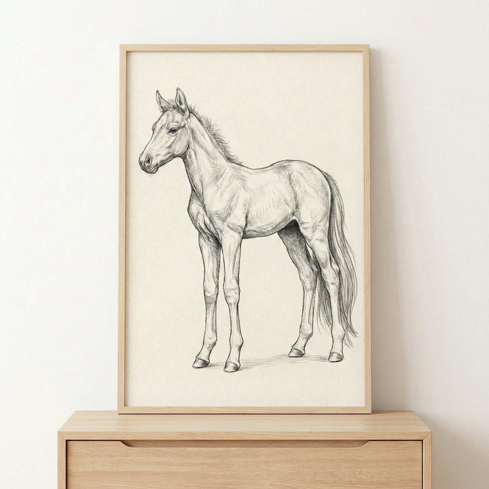 A framed pencil sketch of a young horse standing in profile. The detailed drawing showcases the animal's slender legs and fine features on a neutral-toned background. The art is enclosed in a light wood frame and displayed on a wooden surface against a plain wall.