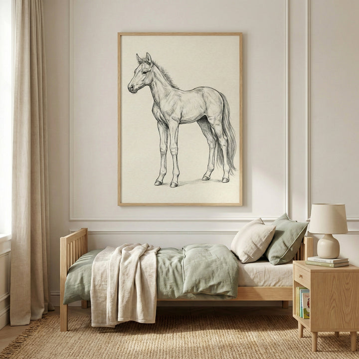 A minimalist bedroom features a large, vertically framed pencil sketch of a standing foal centered on a light-colored wall with decorative molding. Below the artwork sits a simple wooden bed frame with a sage green duvet, a cream-colored throw blanket, and several neutral-toned pillows. To the right, a small wooden nightstand holds a cream ceramic lamp and a few books. A textured natural-fiber rug covers the floor, and a long neutral curtain hangs on the left side of the frame.