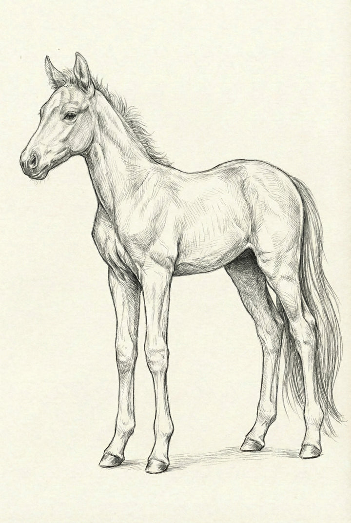 Sketch of a standing foal with long legs and a short mane, looking alert and graceful against a blank background.
