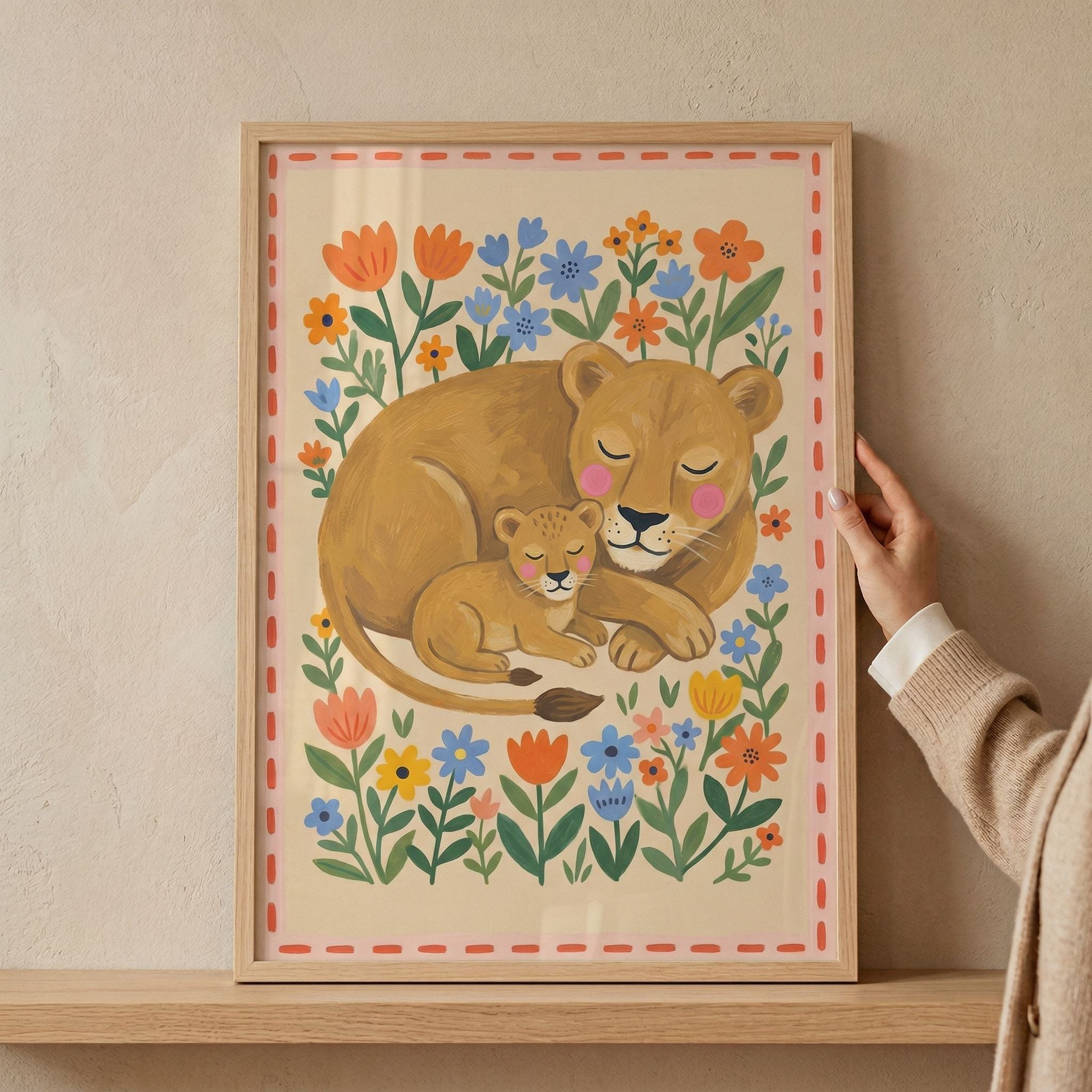 Folk Art Floral Lioness Artwork - Golden Lion Slumber