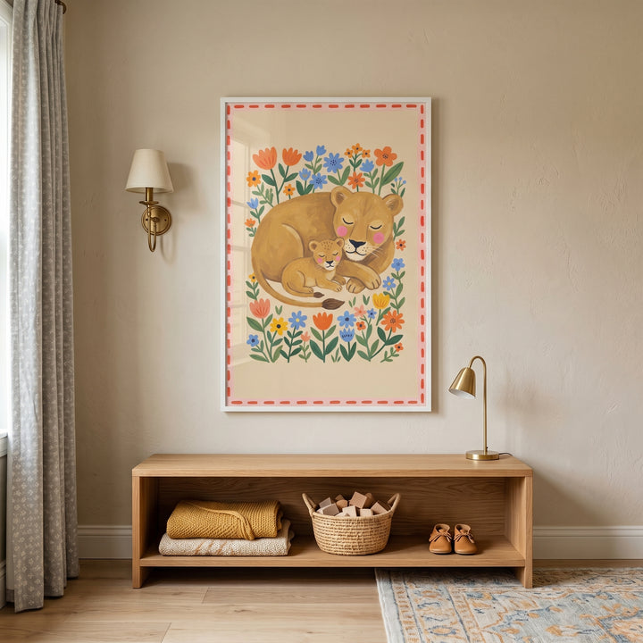 Folk art floral lioness artwork hangs above a wooden bench featuring a woven basket and a small brass lamp.
