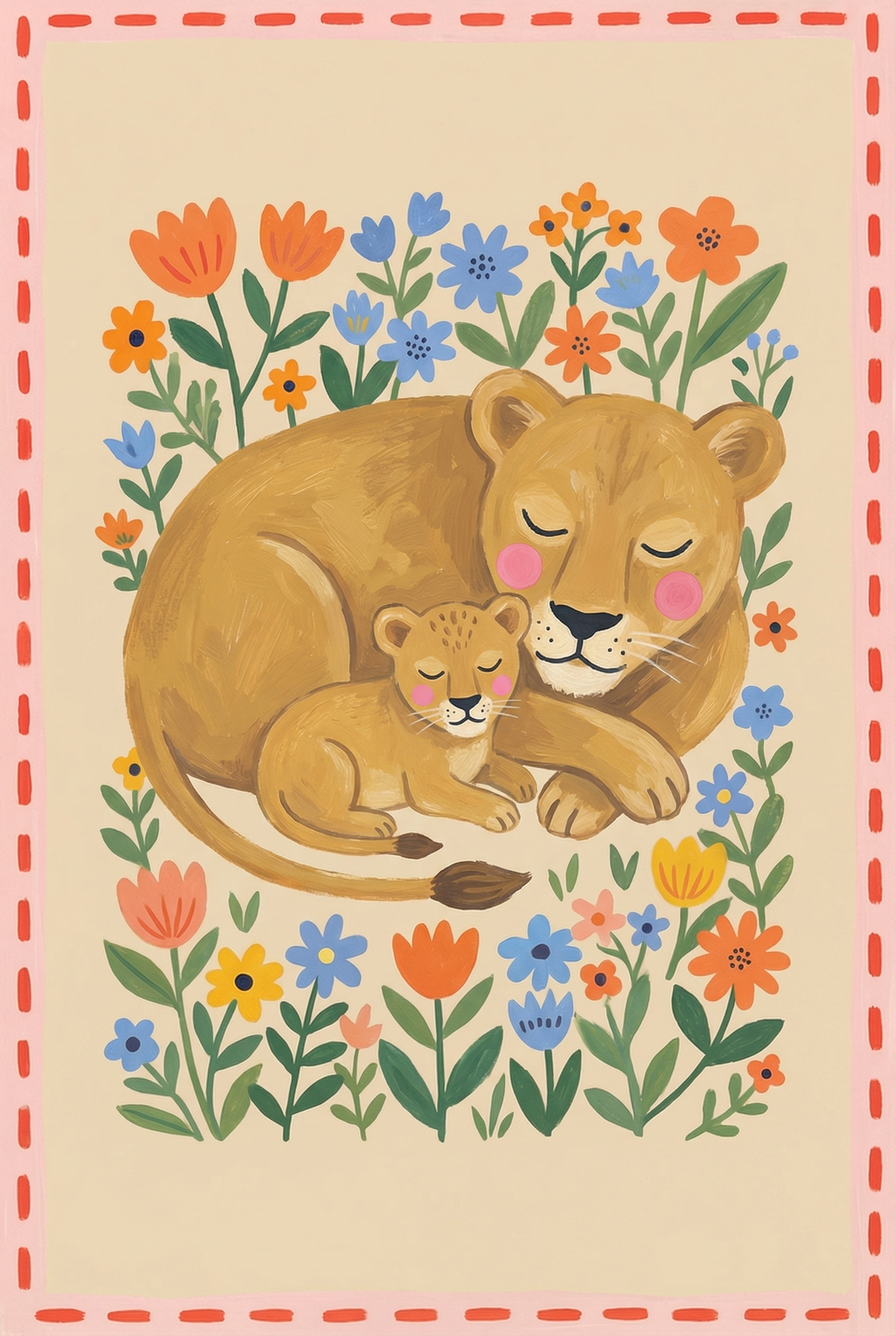 Folk Art Floral Lioness Artwork - Golden Lion Slumber