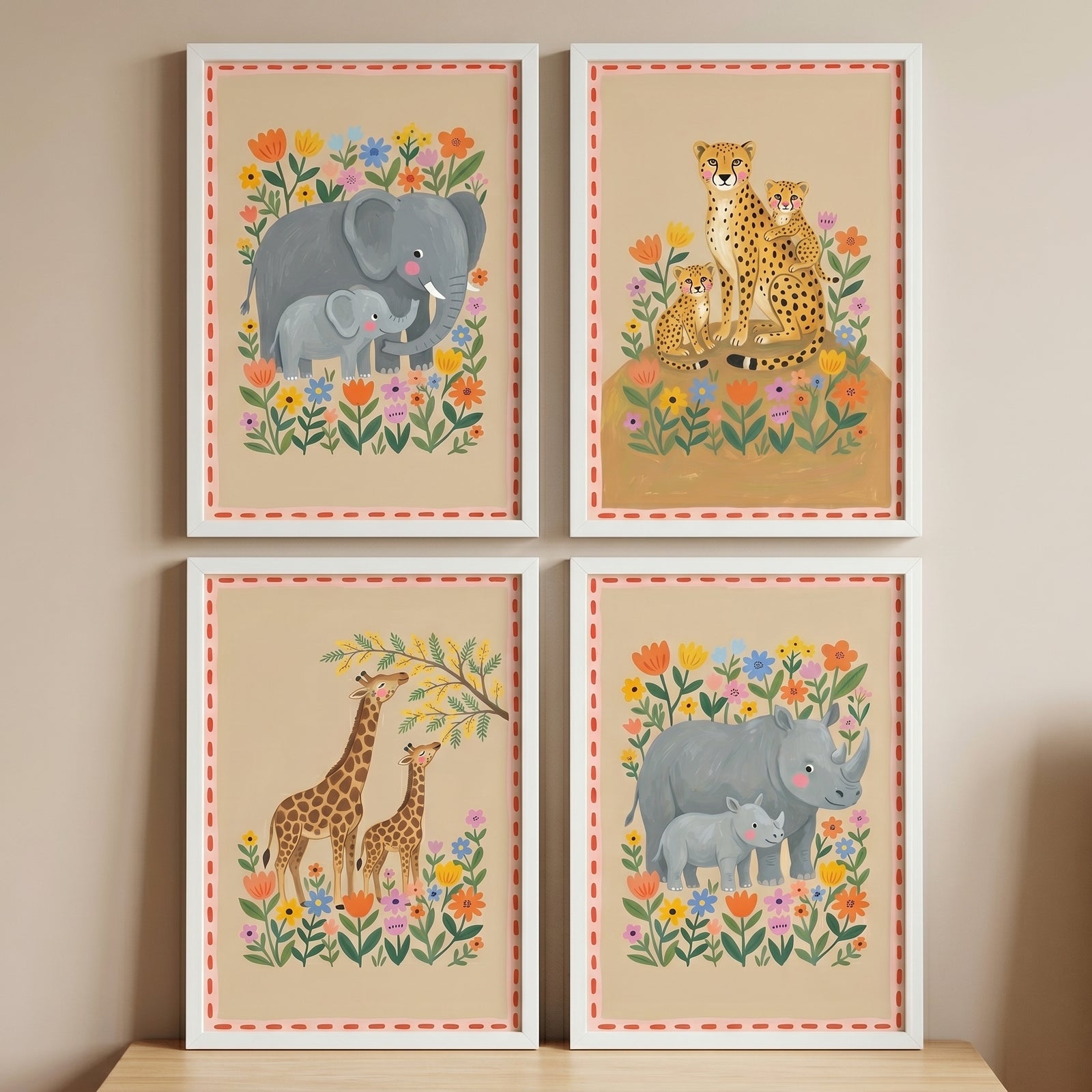 Folk botanical safari animals wall art set of 4 shows parent and baby elephants, cheetahs, giraffes and rhinos with flowers.