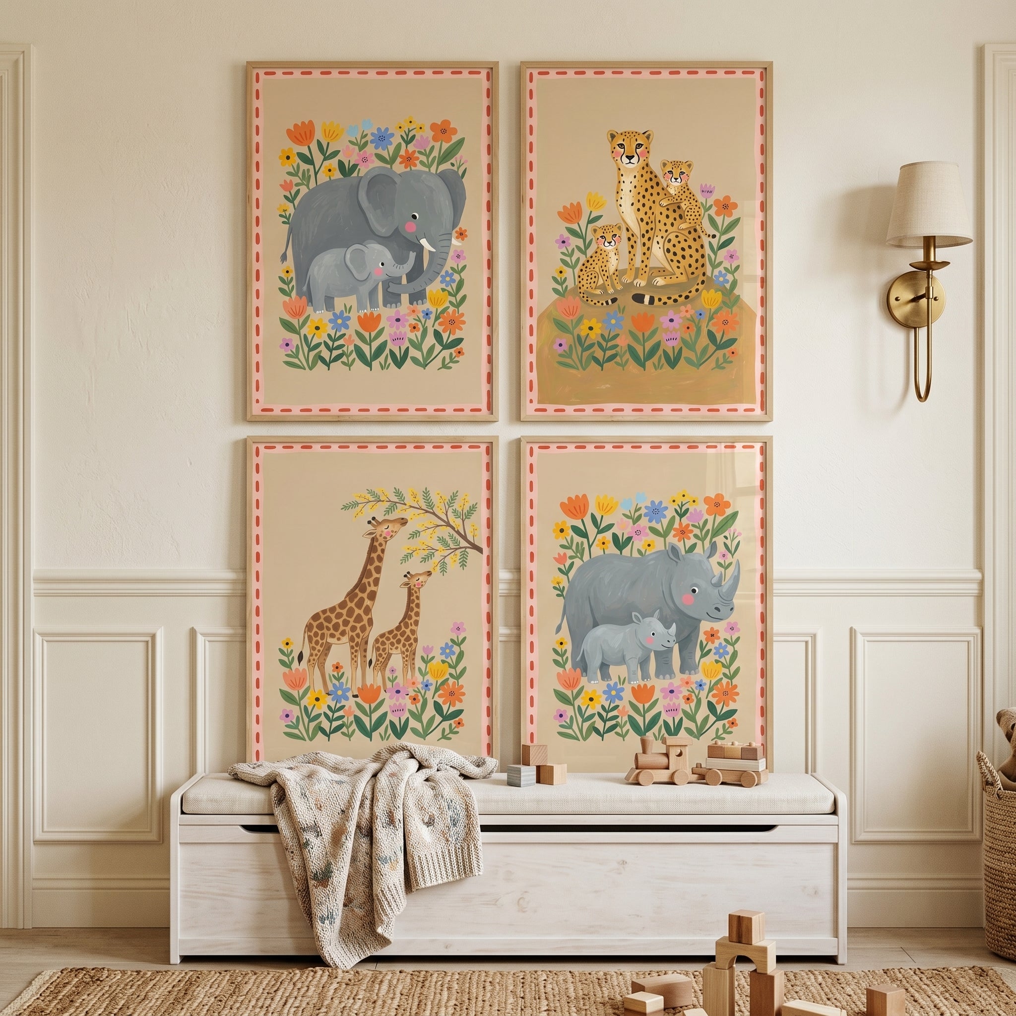 Folk Botanical Safari Animals Wall Art Set Of 4 - Safari Family Portraits