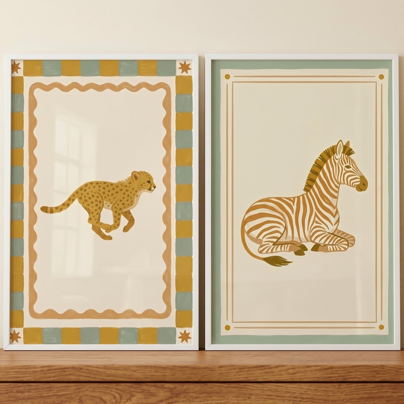 Folk earthy savanna animal wall art set of 2 featuring a running cheetah and a sitting zebra in sage and gold tones.