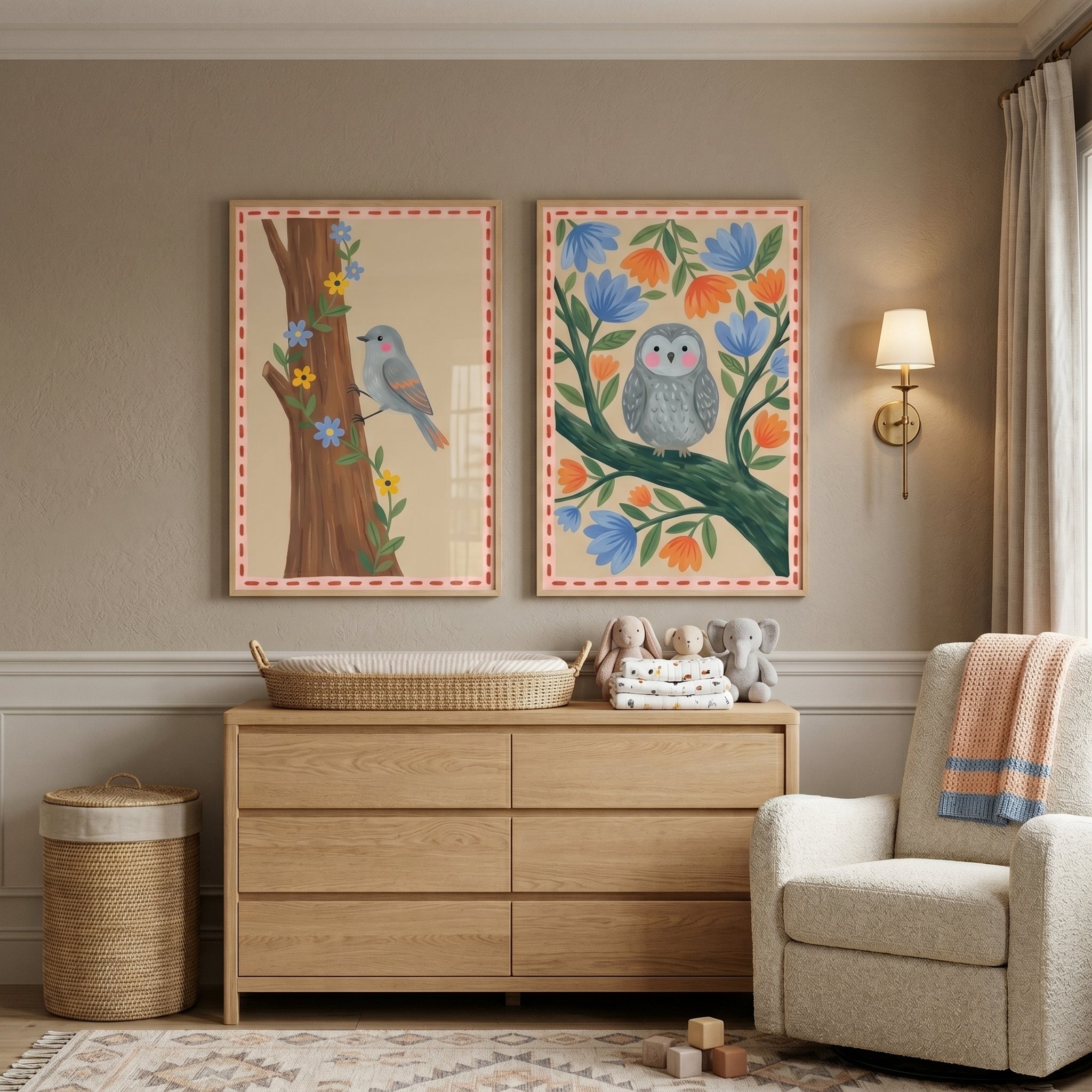 Folk Floral Forest Bird Wall Art Set Of 2 - Charming Forest Friends