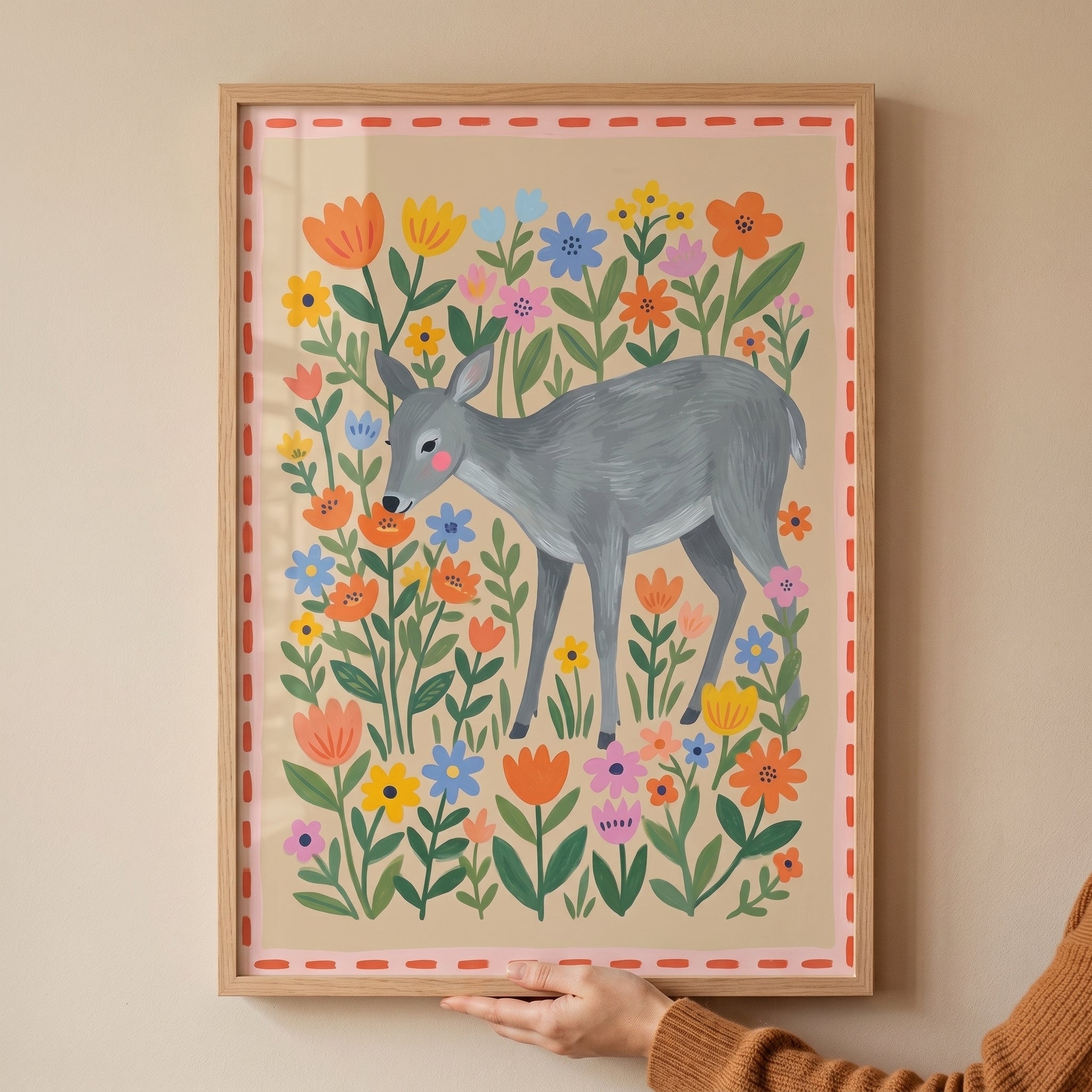 Folk Floral Garden Deer Wall Art - Floral Meadow Fawn