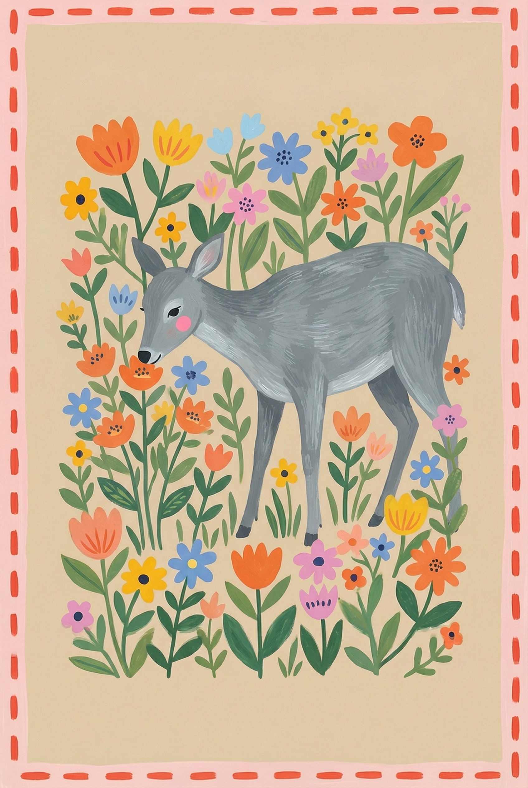 Folk Floral Garden Deer Wall Art - Floral Meadow Fawn