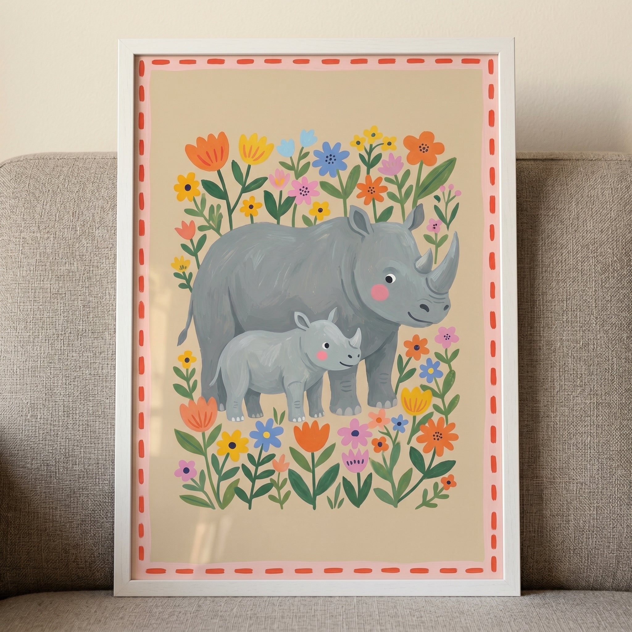 Folk Floral Garden Rhino Wall Art - Floral Rhino Duo