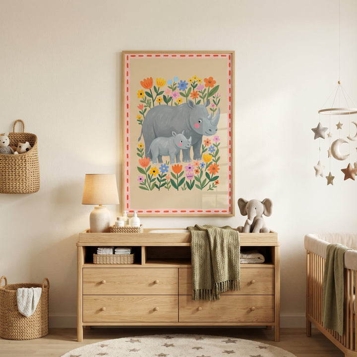 Folk floral garden rhino wall art hangs above a wooden dresser in a neutral nursery with wicker baskets and a star mobile.