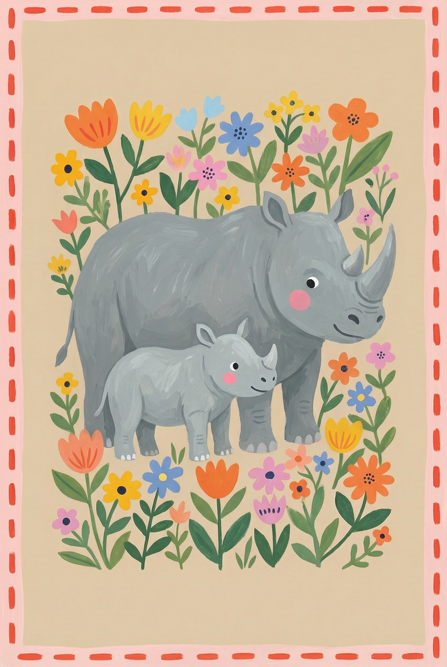 Folk Floral Garden Rhino Wall Art - Floral Rhino Duo