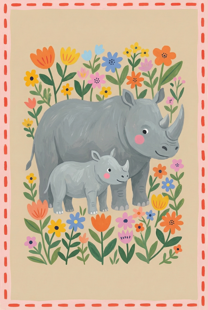A rhinoceros and calf stand among colorful flowers in this folk floral garden rhino wall art with a dashed border.