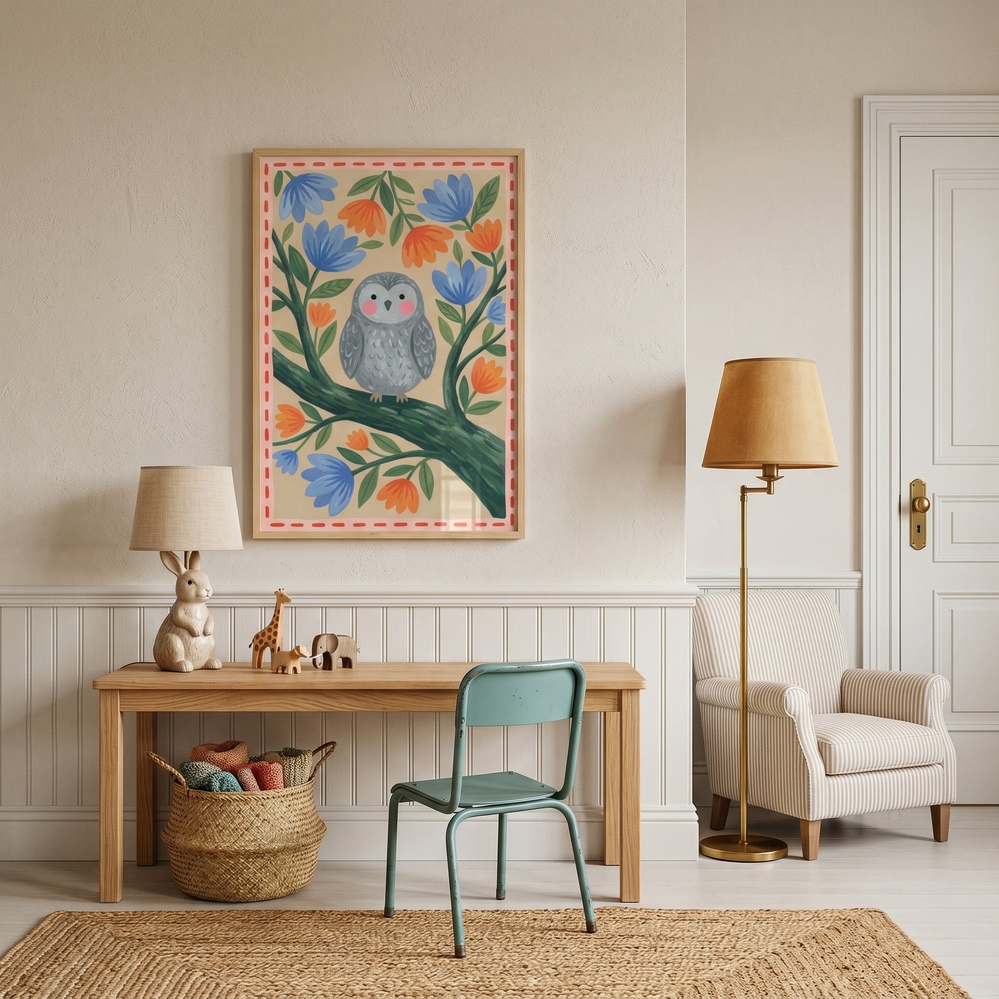 Folk floral grey owl wall art hangs above a desk with a bunny lamp, teal chair, armchair, and floor lamp in a neutral room.