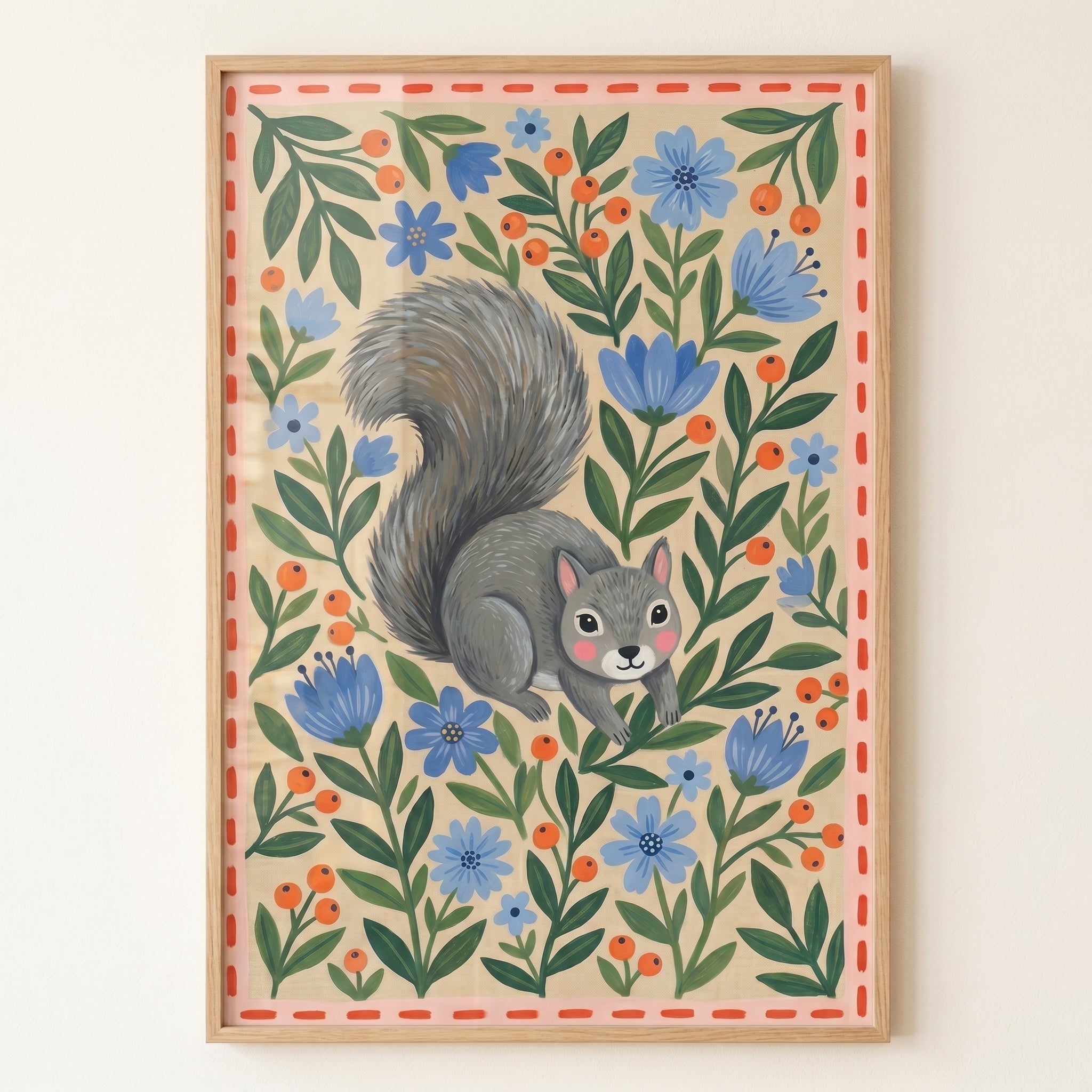 Folk Floral Grey Squirrel Wall Art - Whimsical Squirrel Garden