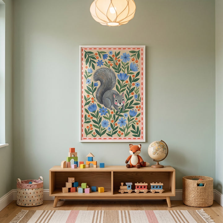 Folk floral grey squirrel wall art above a wooden shelf with a fox toy and blocks in a light green nursery.