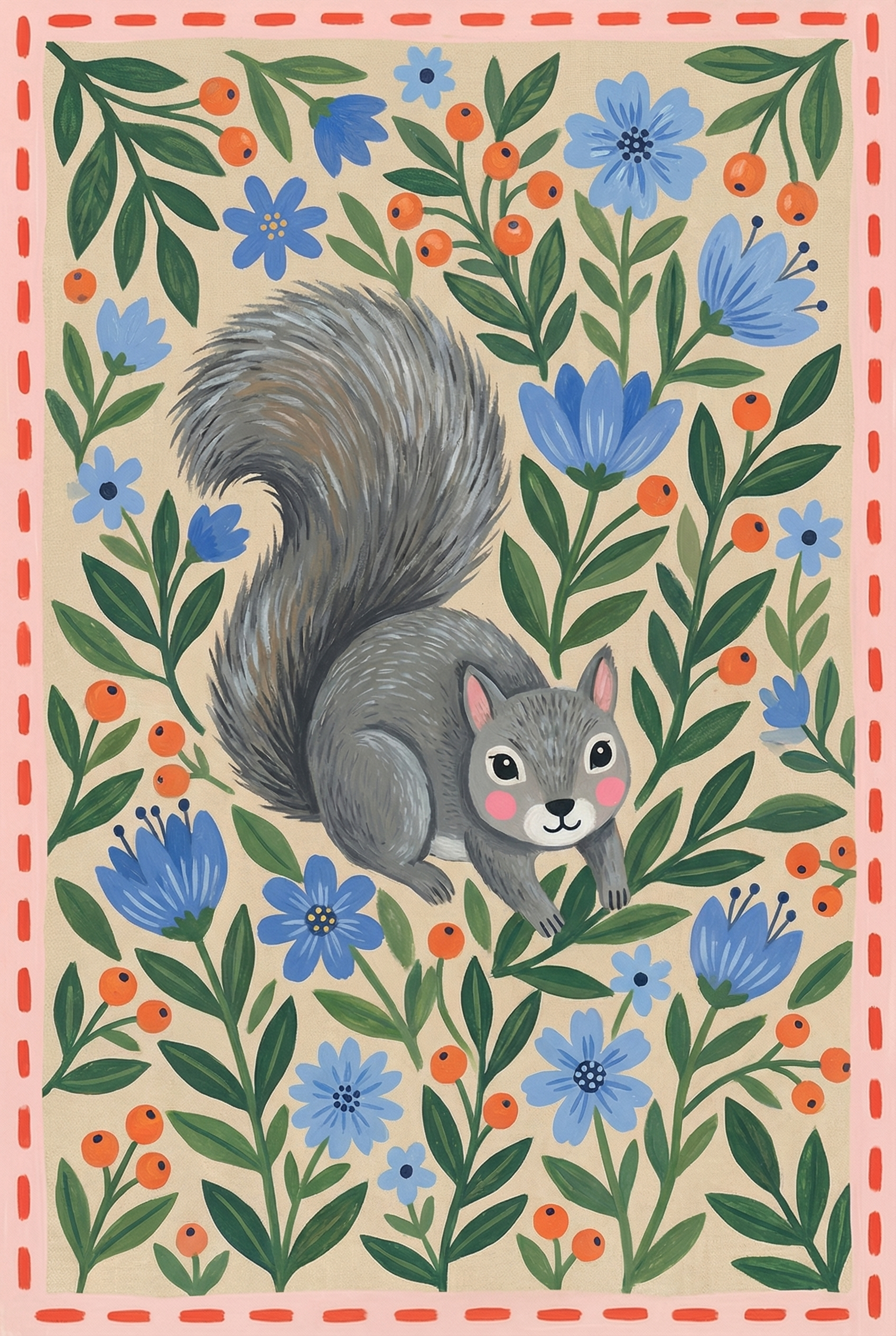 Folk Floral Grey Squirrel Wall Art - Whimsical Squirrel Garden