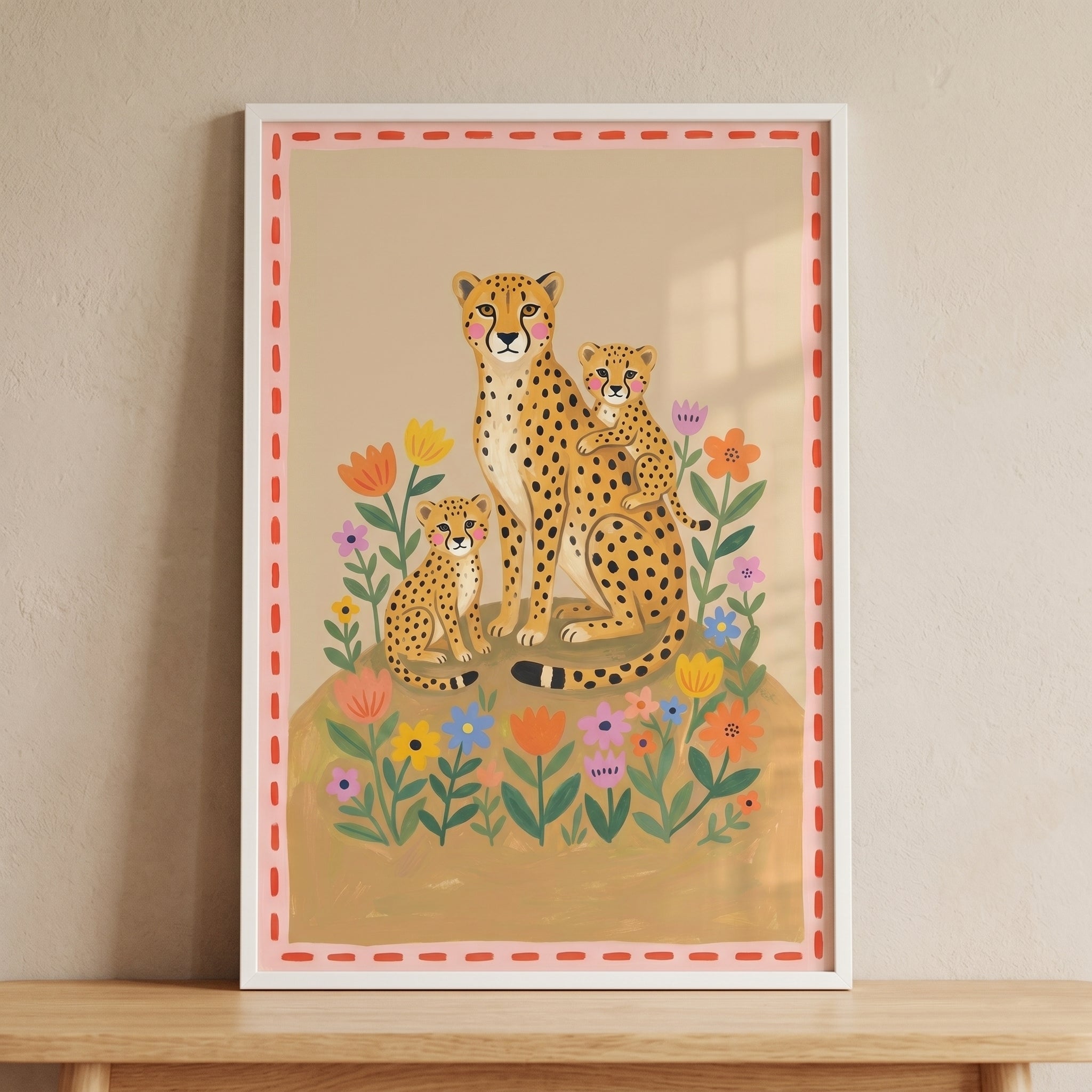 Folk Floral Mother Cheetah Wall Art - Cheetah Meadow Family
