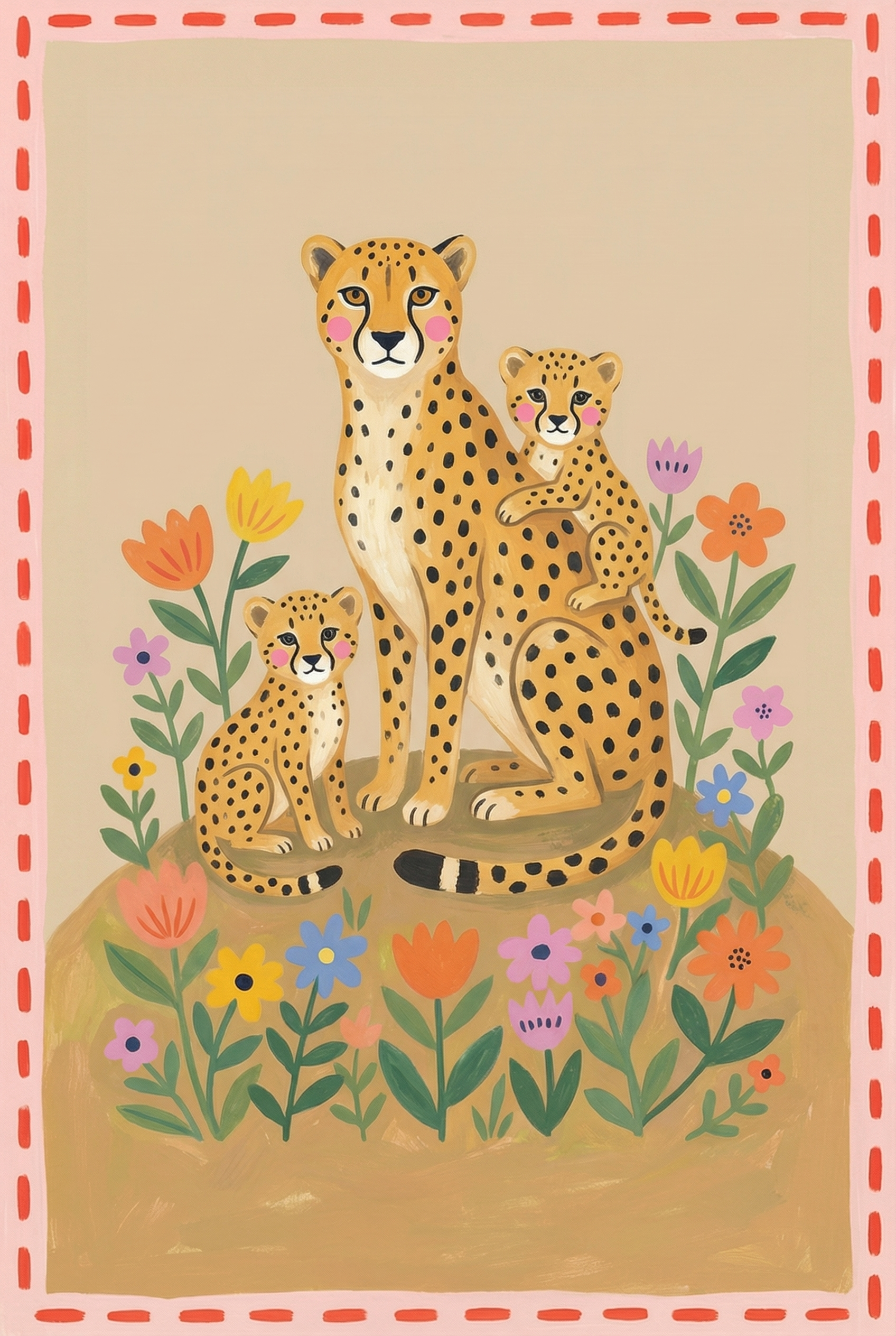 Folk Floral Mother Cheetah Wall Art - Cheetah Meadow Family