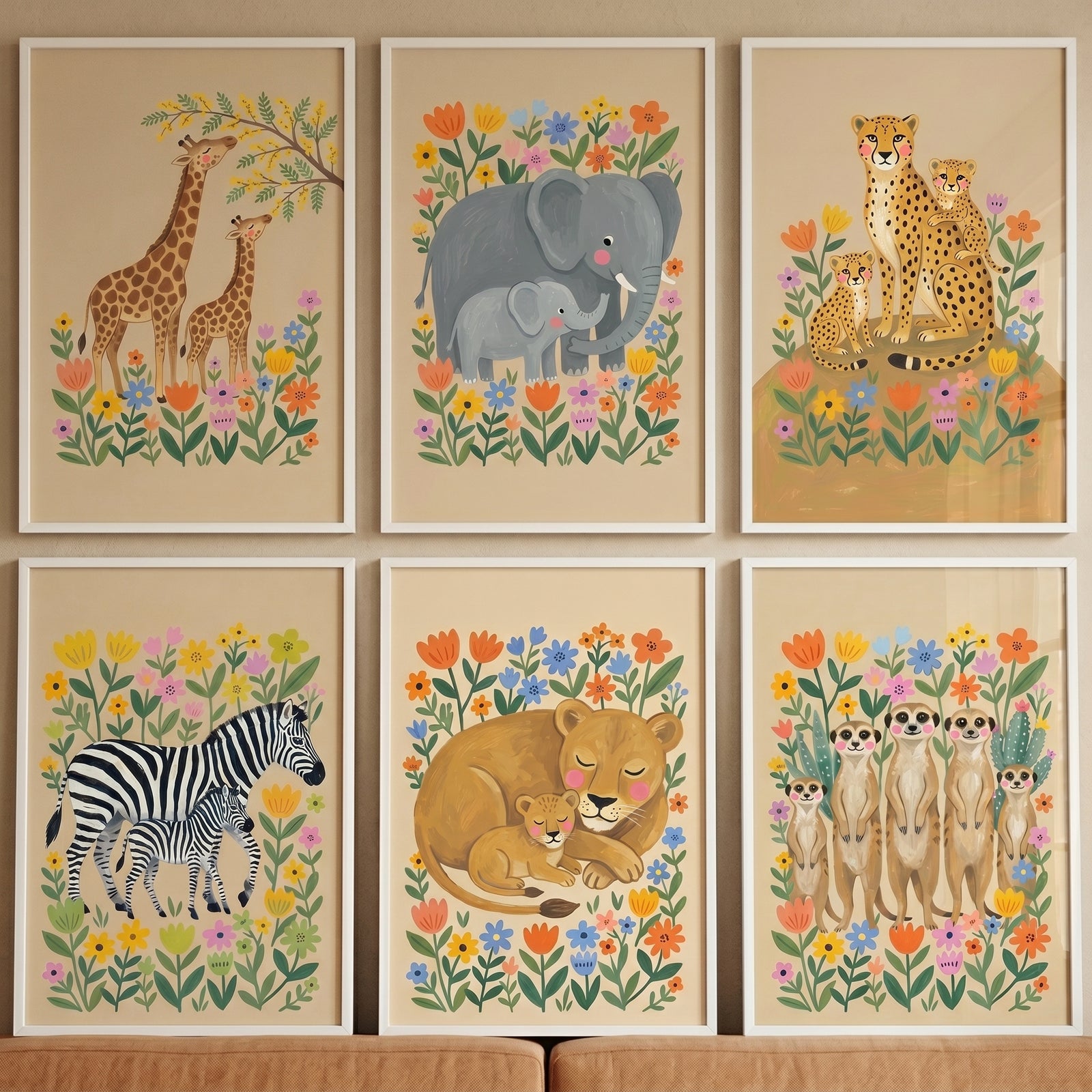 Folk floral safari animal wall art set of 6 featuring giraffes, elephants, cheetahs, zebras, lions, and meerkats.