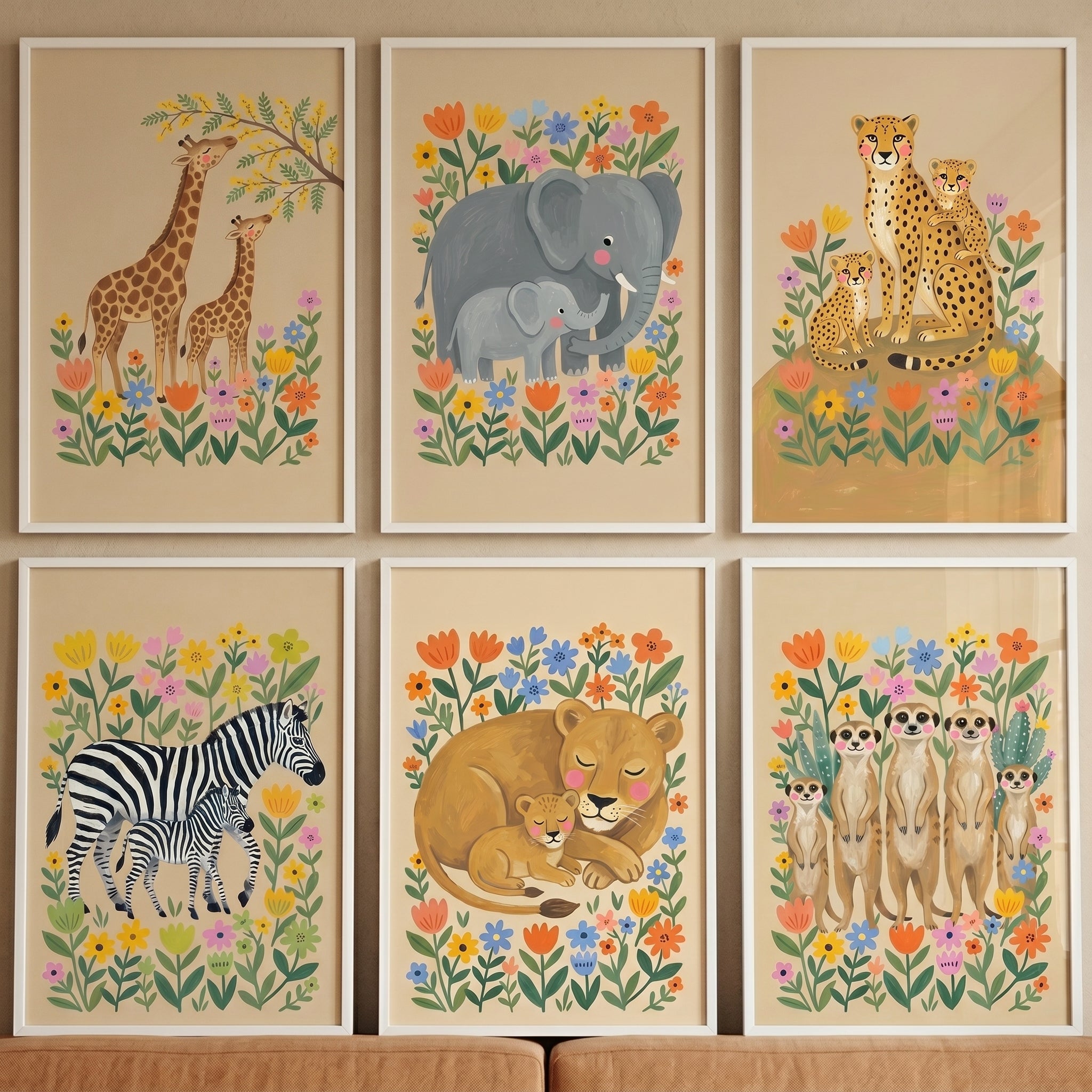 Folk Floral Safari Animal Wall Art Set Of 6 - Savannah Family Blooms